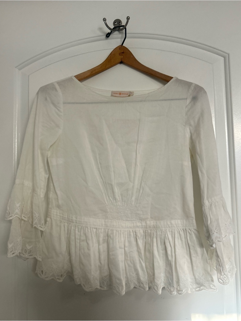 Tory Burch 100% Cotton Peasant Babydoll Blouse Size S Eyelet Boho Chic Romantic